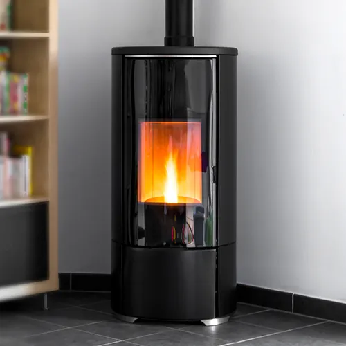 Pellet-Kaminofen Moderner Pellet-Kaminofen für den Wohnbereich – Granulatofen mit sichtbarer Flamme und integriertem Bücherregal